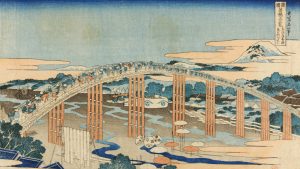 Katsushika Hokusai Il ponte Yahagi a Okazaki sul Tōkaidō Silografia policroma, 24 x 37,6 cm Museo d'Arte Orientale "Edoardo Chiossone", Genova