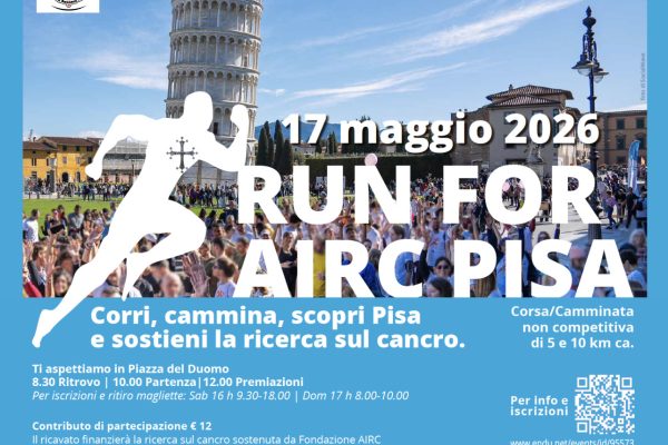 Domenica 17 maggio arriva a Pisa la ‘Run for Airc’, la corsa non competitiva per sostenere la ricerca per sconfiggere il cancro, organizzata da Fondazione AIRC.