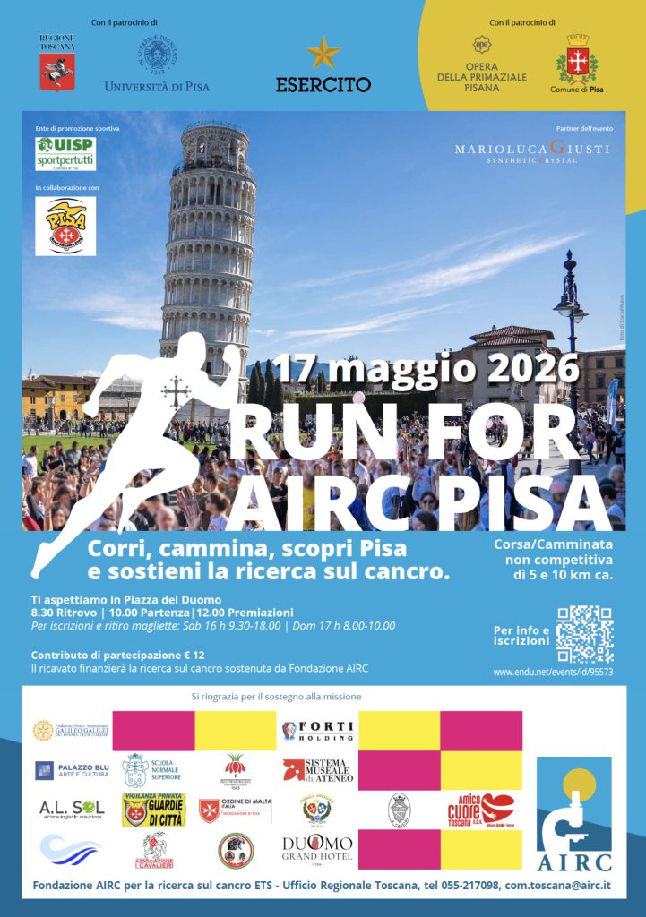 Domenica 17 maggio arriva a Pisa la ‘Run for Airc’, la corsa non competitiva per sostenere la ricerca per sconfiggere il cancro, organizzata da Fondazione AIRC.